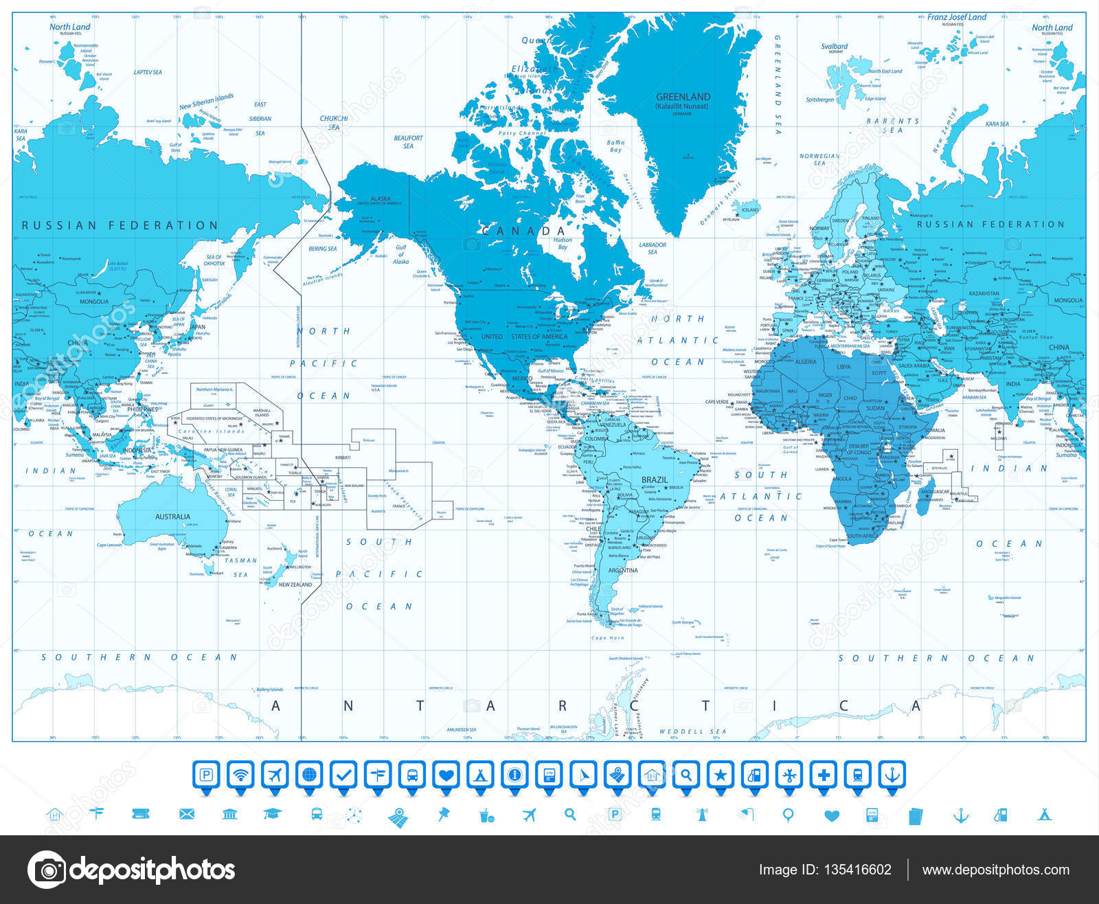 Continents De Carte Du Monde En Couleurs De Lamérique Bleu