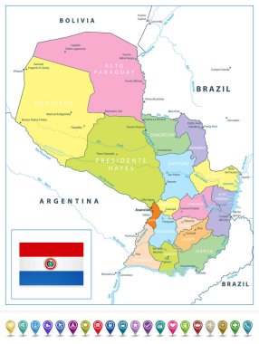 Paraguay siyasi harita ve harita işaretçiler beyaz izole