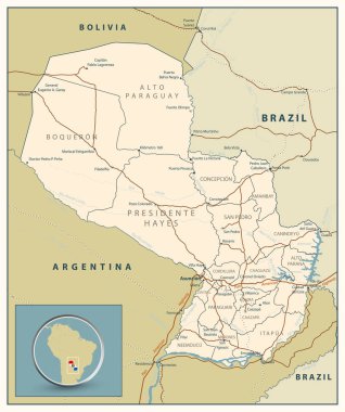 Yollar, demiryolları ve w ile Paraguay çok detaylı yol haritası