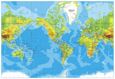 America Centered Physical World Map clipart