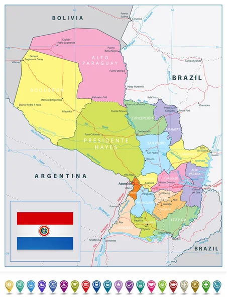 巴拉圭详细政治路线图和地图指针 — 图库矢量图片