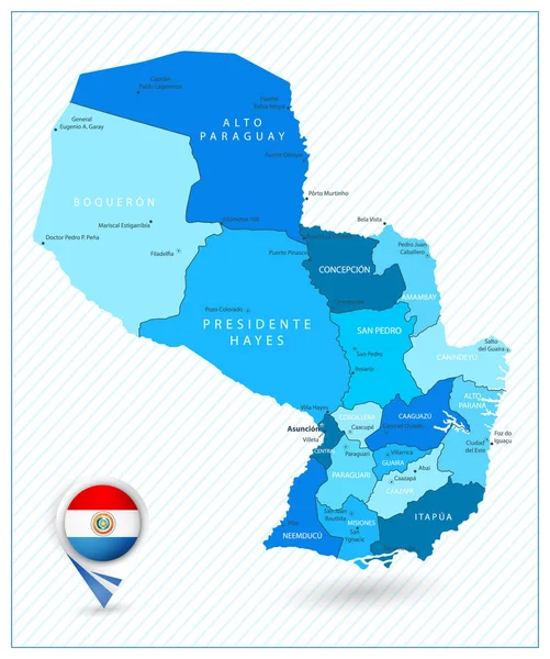 Velmi podrobná politická mapa Paraguaye v barvách modrá — Stockový vektor