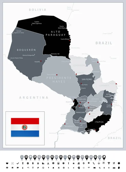 Mapa em tons de cinza do Paraguai e ícones de navegação —  Vetores de Stock