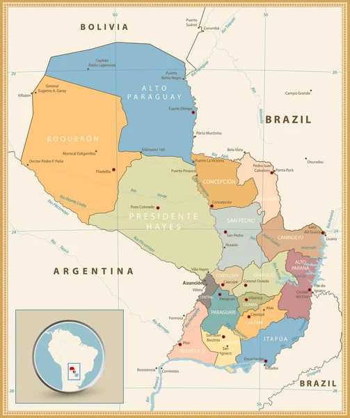 Vintage Barevná mapa Paraguaye — Stockový vektor