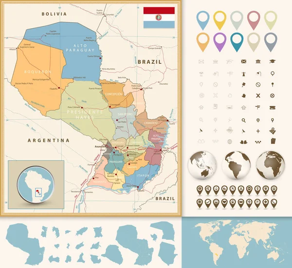 Paraguay Road Map Navigation Set. Colores Vintage — Archivo Imágenes Vectoriales