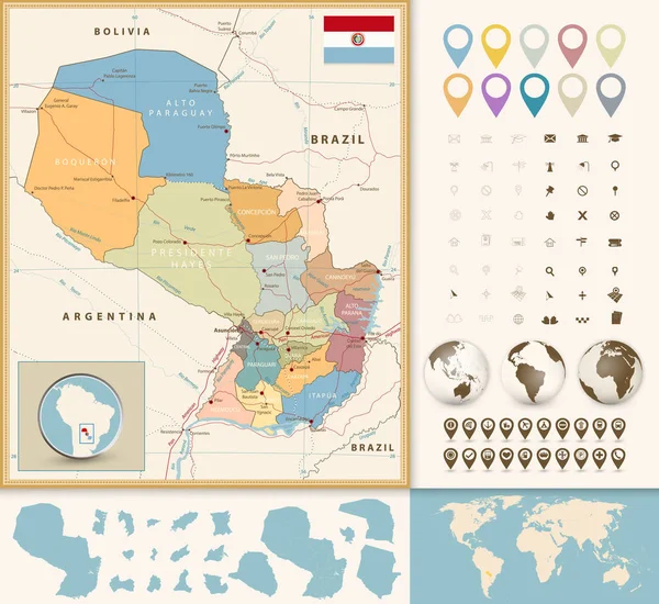 Paraguay Road Map Navigation Set. Colores Vintage — Vector de stock