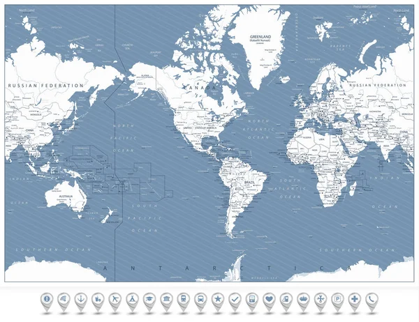 Mapa del mundo centrado en América e iconos de navegación 3D — Vector de stock