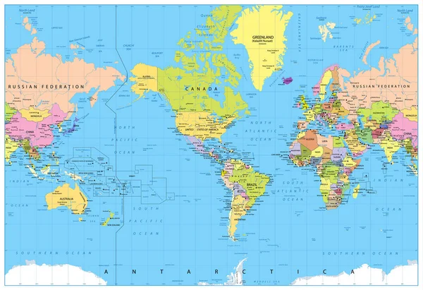 Mapa del mundo político centrado en América — Vector de stock