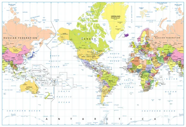 Mapa mundial político centrado en América aislado en blanco — Vector de stock