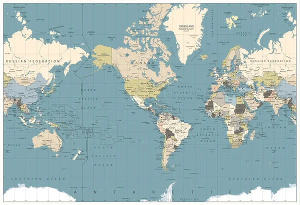 Ilustración de colores retro Mapa del mundo - Mapa del mundo centrado en América — Vector de stock