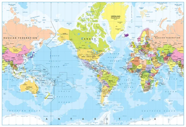 Weltkarte - Amerika im Zentrum - Bathymetrie — Stockvektor
