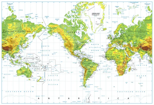 Mapa del mundo físico centrado en América aislado en blanco — Vector de stock