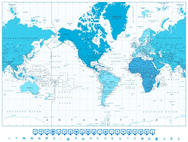 Континенты мировой карты в цветах голубой Америки в центре и навигации — стоковый вектор