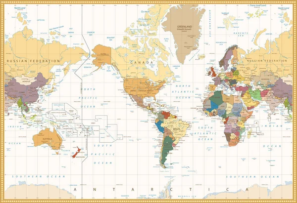 Vintage Barevná mapa Ameriky mapa politického světa na střed — Stockový vektor