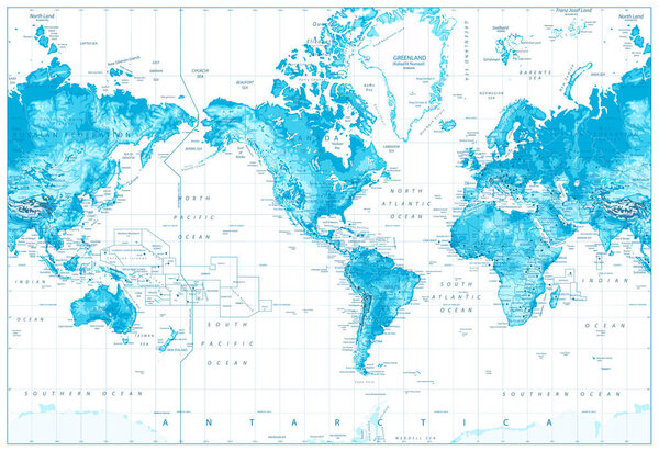 Physical World Map-America Centered