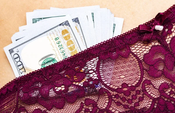Prostitute in lingerie with money. Close up view — ストック写真