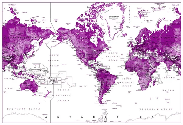 Mapa del Mundo Físico-América Centrado-Mapa del Mundo en Colores de Purpl — Vector de stock