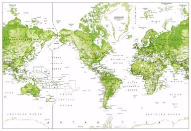 Physical World Map-America Centered-World Map In Colors of Green