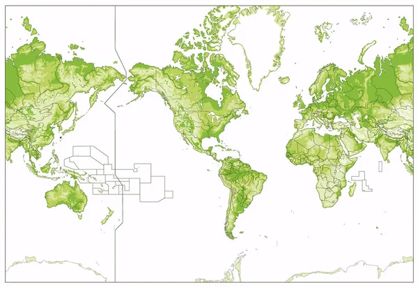 Mapa del Mundo Físico-América Centrado-Mapa del Mundo en Colores de Verde — Vector de stock