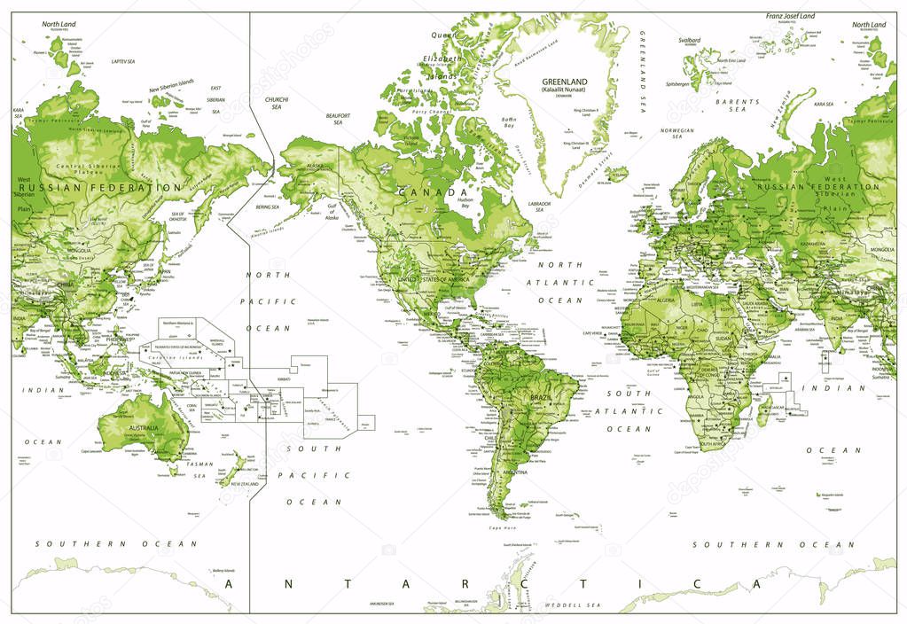 Physical World Map-America Centered-World Map In Colors of Green