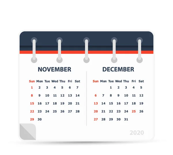 Listopad 2020 Ikona Kalendarza Podwójny Kalendarz Szablon Projektu Kalendarza — Wektor stockowy