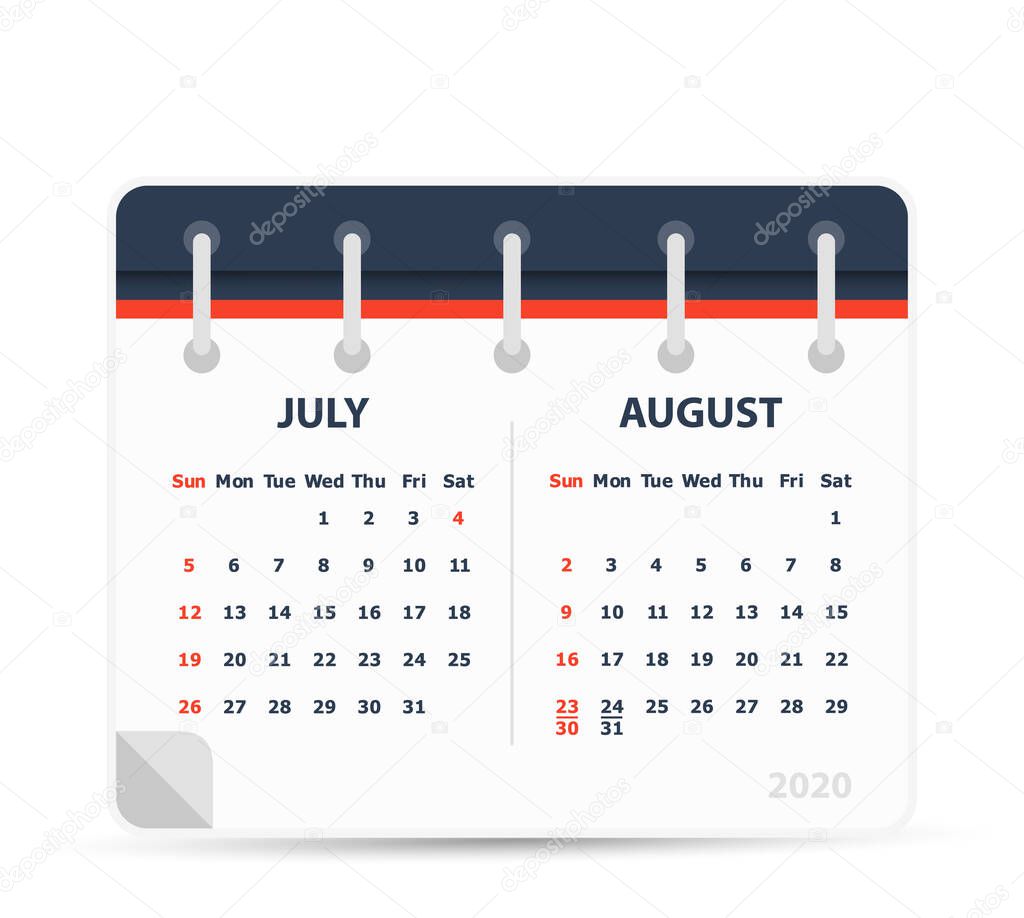 July August 2020 - Calendar Icon - Double Calendar - Calendar design template. Week starts sunday.