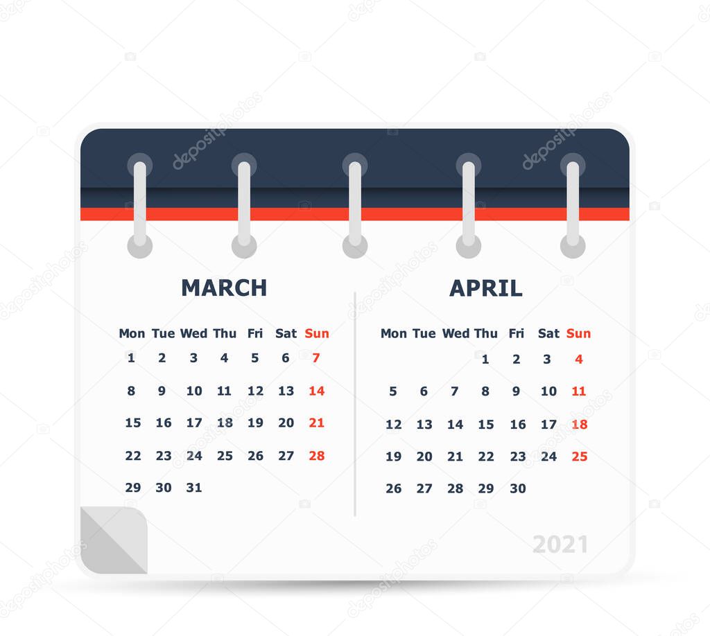 March April  2021 - Calendar Icon - Double Calendar - Week starts monday. Calendar design template.