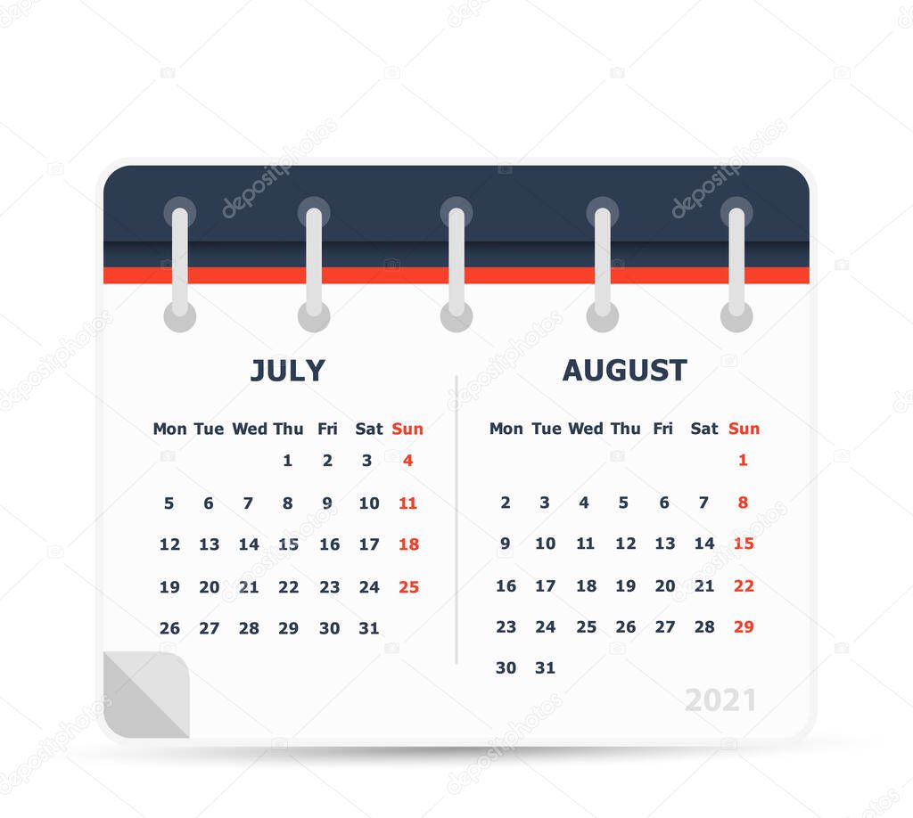 July August 2021 - Calendar Icon - Double Calendar - Week starts monday. Calendar design template.