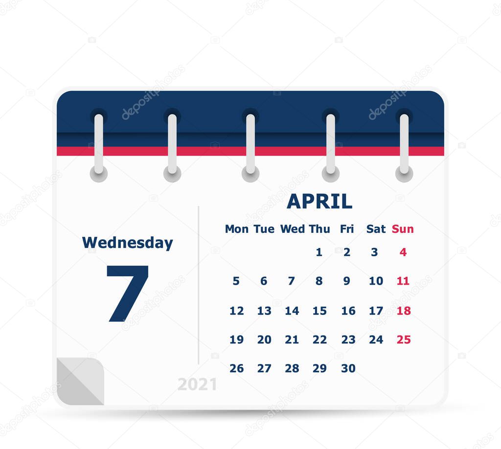 April 7 - Calendar Icon - 2021 - Week starts monday. Calendar design template.