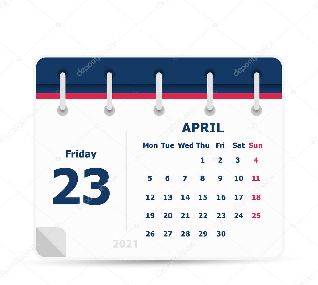April 23 - Calendar Icon - 2021 - Week starts monday. Calendar design template.