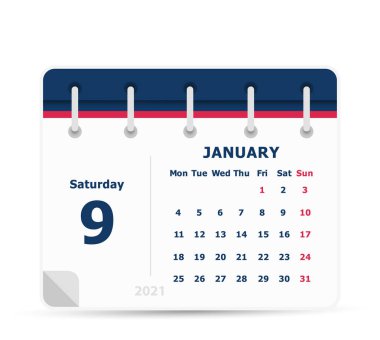 9 Ocak - Takvim Simgesi - 2021 - Hafta Pazartesi başlıyor. Takvim tasarım şablonu.