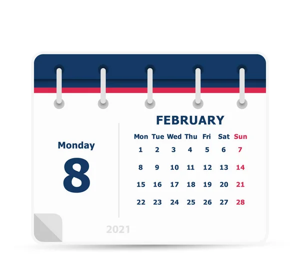 Февраля Икона Календаря 2021 Неделя Начинается Понедельник Шаблон Календаря — стоковый вектор