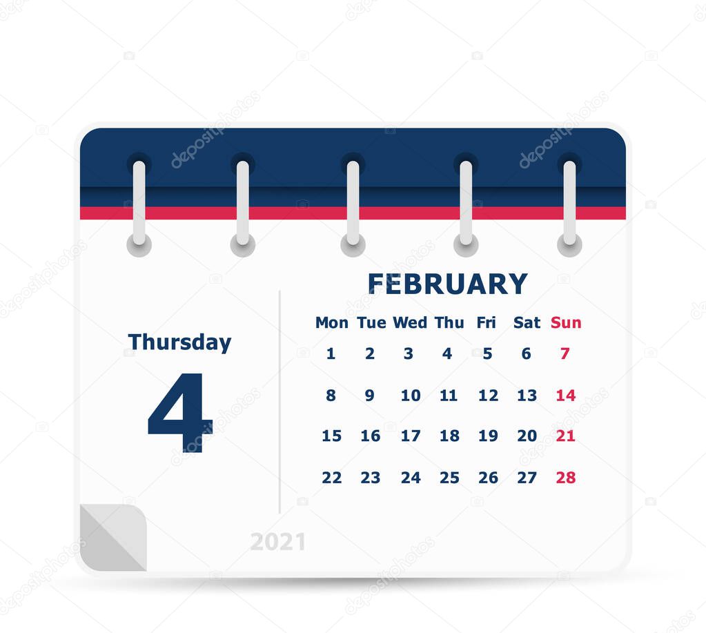 February 4 - Calendar Icon - 2021 - Week starts monday. Calendar design template.
