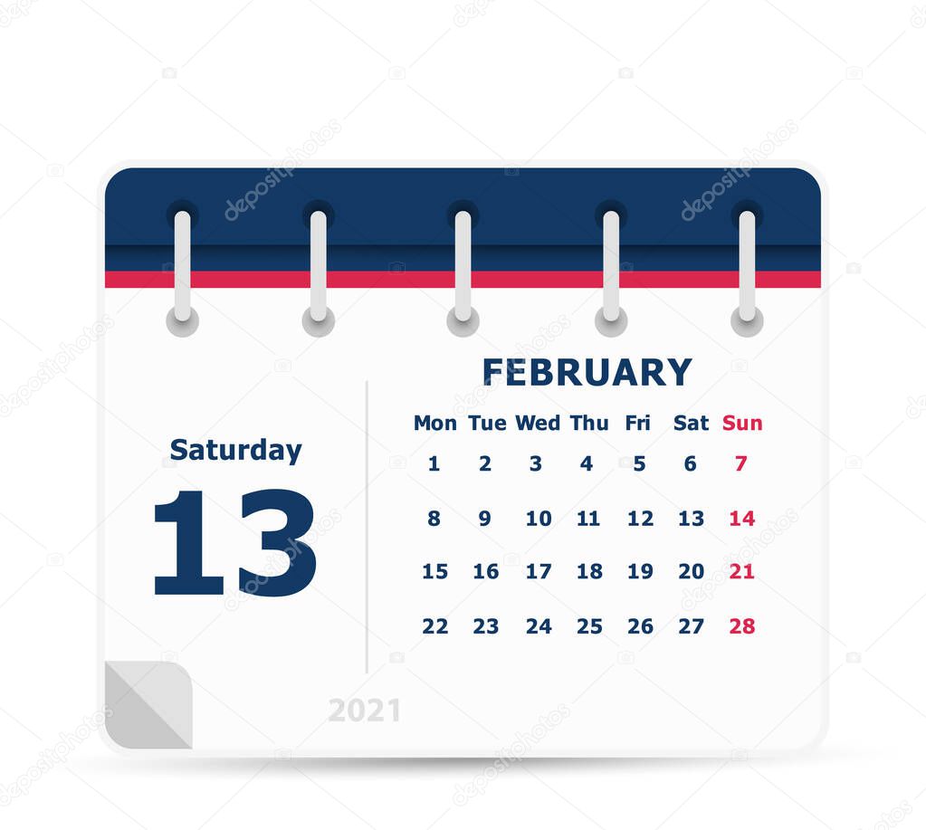 February 13 - Calendar Icon - 2021 - Week starts monday. Calendar design template.