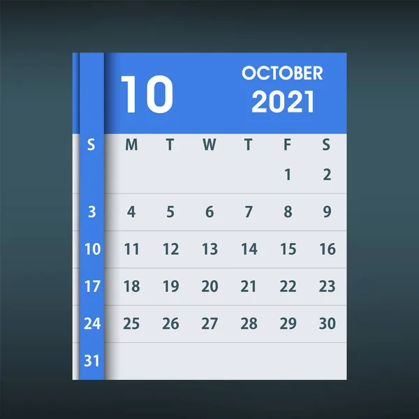 Oktober 2021 Kalenderblad Vlak Ontwerp Maandelijkse Kalender Ontwerp Template Week — Stockvector