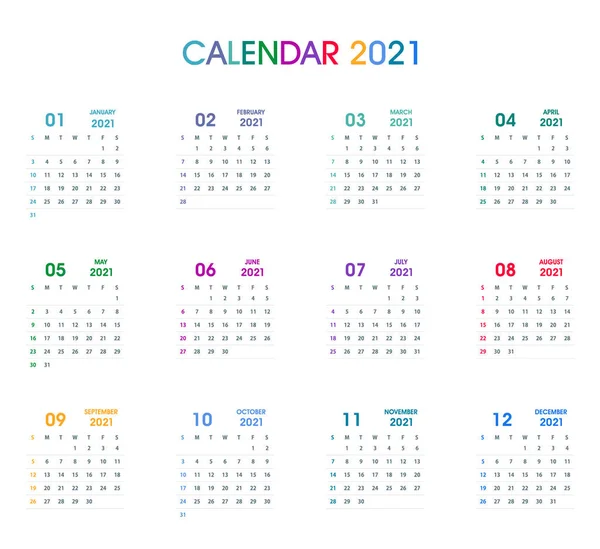 2021 Simple Color Calendar Diseño Plano Aislado Sobre Blanco Plantilla — Archivo Imágenes Vectoriales