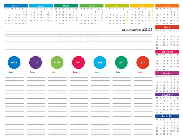 2021 English Week Planner Calendario Modello Progettazione Vettoriale Settimana Inizia — Vettoriale Stock