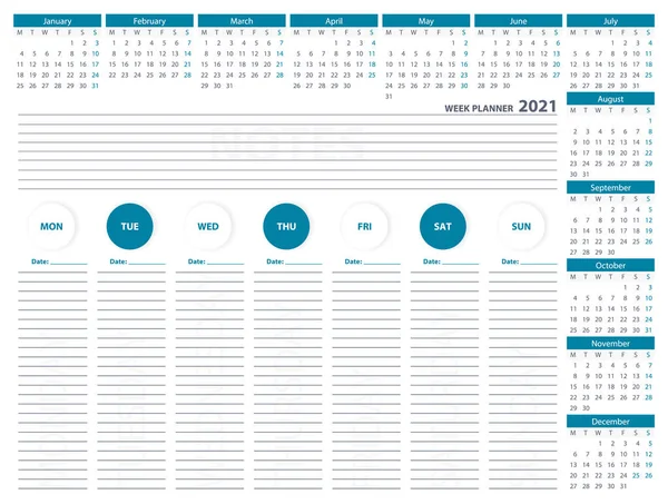 2021 Inglês Semana Planner Calendário Vector Design Template Cor Azul —  Vetores de Stock