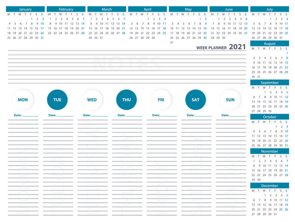 2021 English Week Planner Calendar Vector Design Template. Blue color. Week Starts Monday. For office or private use.
