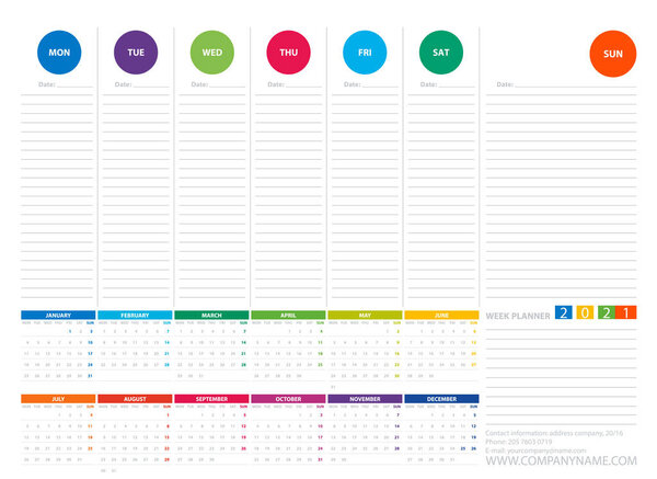 Week Planner 2021 Calendar Color Vector Design Template. Week Starts Monday. For office or private use.
