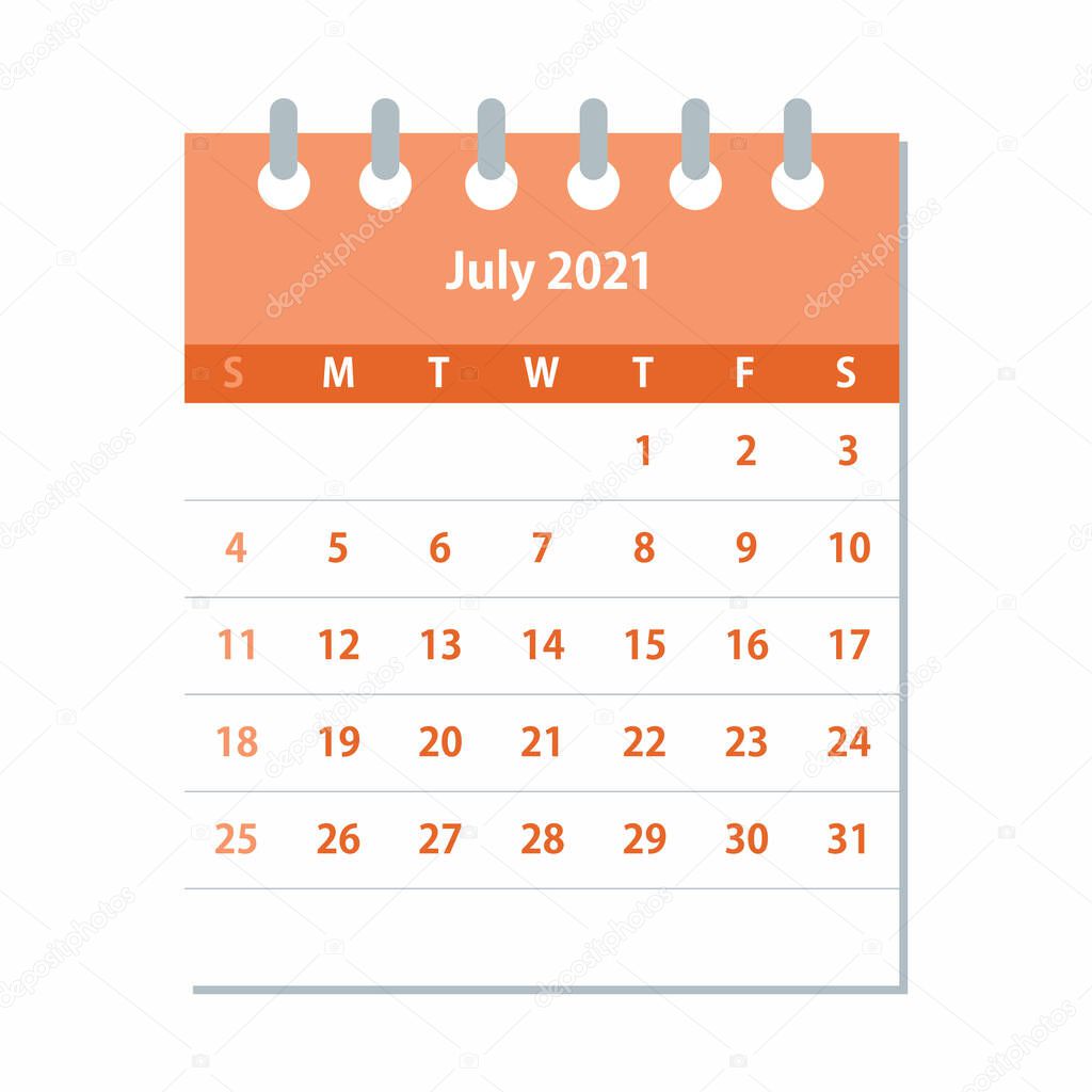 July 2021 Calendar Leaf. Monthly calendar design template. Week starts on Sunday. Business vector illustration.