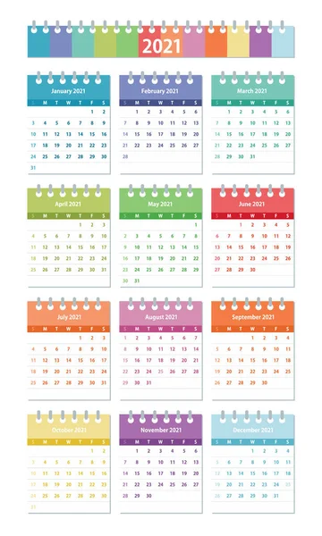 2021 Kalender Lämnar Platt Set Färgstarkt Set Färgstarkt Set Månatlig — Stock vektor