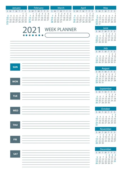 Calendario 2021 Semana Planificador Color Azul Semana Comienza Domingo Plantilla — Vector de stock