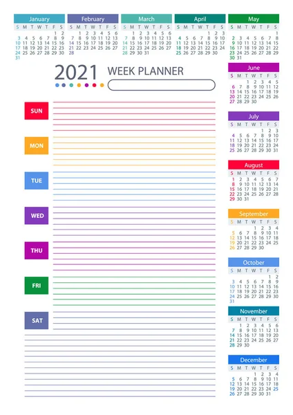 Calendario 2021 Semana Planificador Diseño Colorido Semana Comienza Domingo Plantilla — Vector de stock