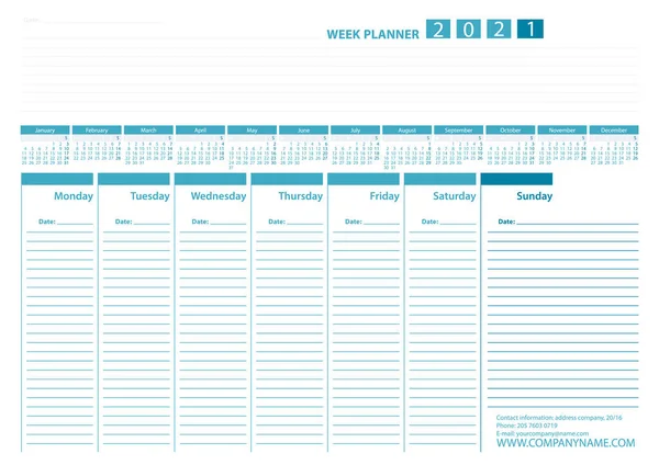 Week Planner 2021 Calendario Modello Progettazione Vettoriale Colore Blu Settimana — Vettoriale Stock