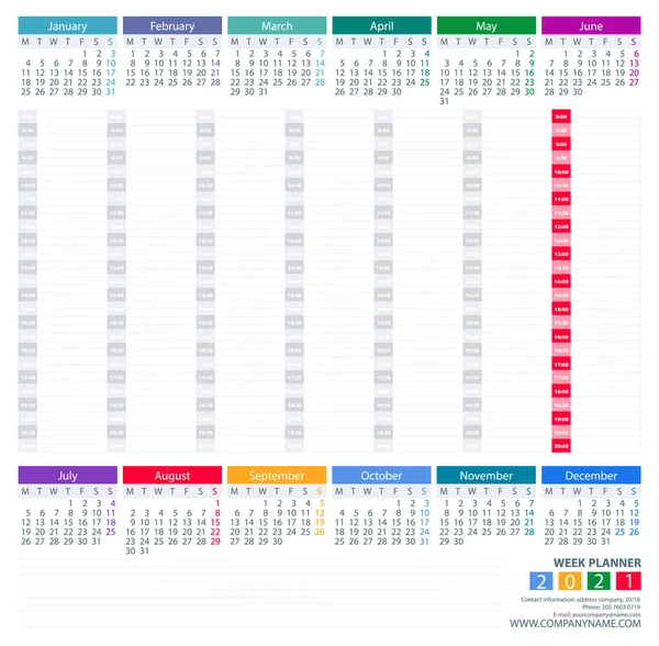 Daily Week Planner 2021 Calendar Vector Design Template Colorful Design — Stock Vector