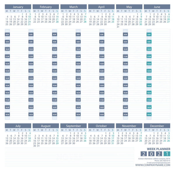2021 Daily Planner. Gray and Green colors. Week Starts Monday. For office or private use.