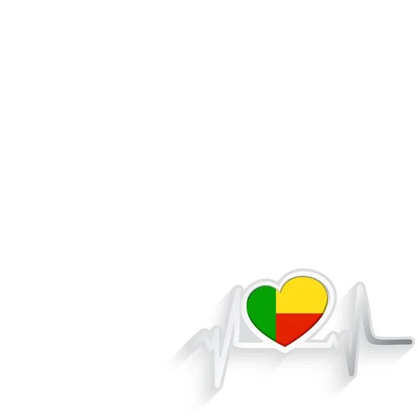 Bandiera Del Benin Forma Cuore Linea Del Battito Cardiaco Isolato — Vettoriale Stock