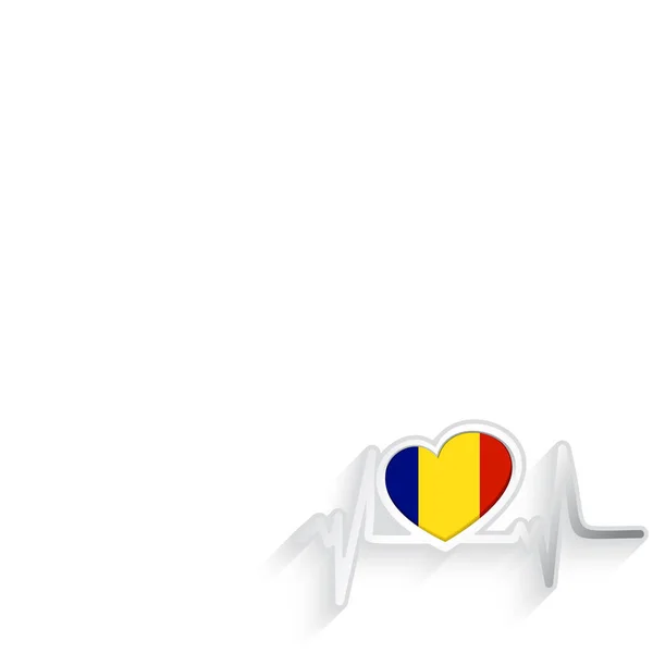 Romania Bandiera Forma Cuore Linea Del Battito Cardiaco Isolato Bianco — Vettoriale Stock