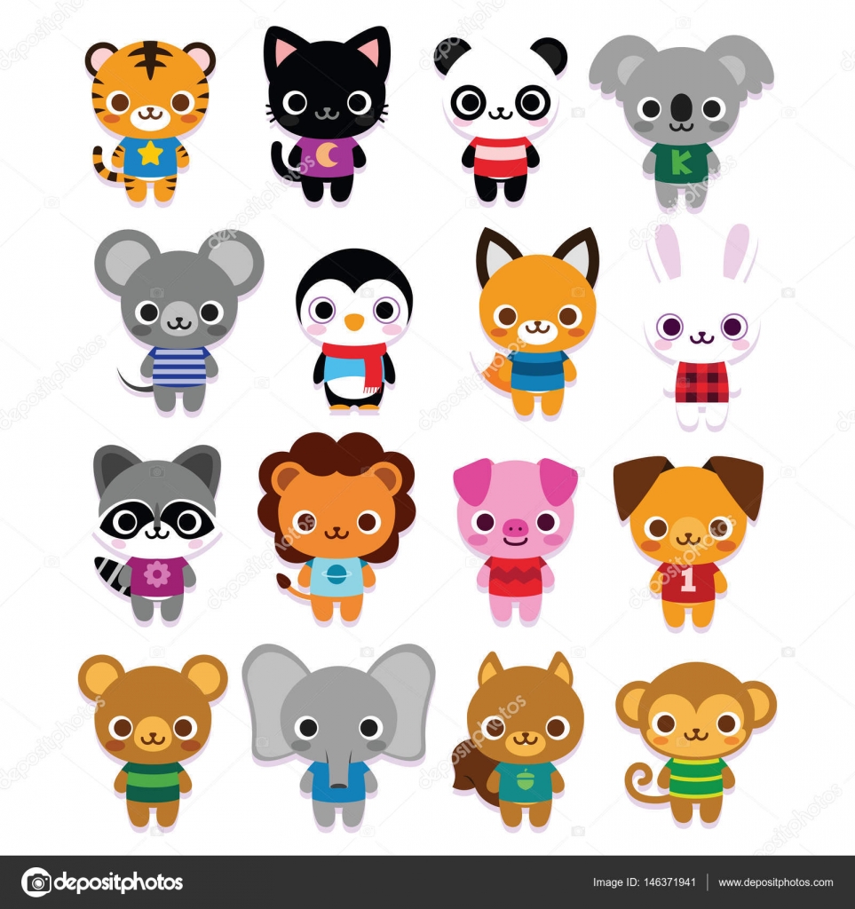 Set Of Cute Cartoon Animals Isolated Stock Illustration - Download